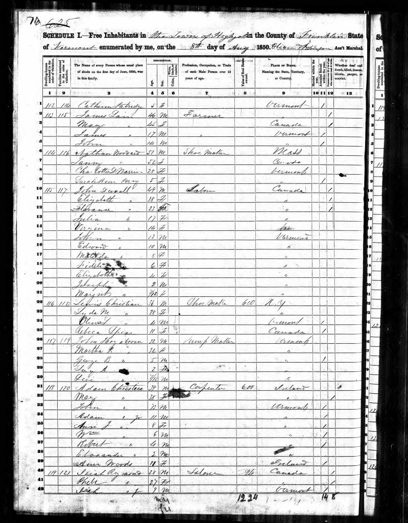 1850 Census Highgate Vermont page 312b