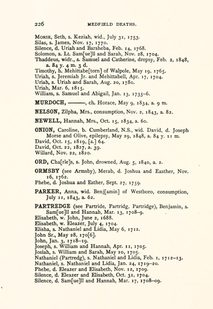 Vital records of Medfield, Massachusetts, to the year 1850, p. 226.