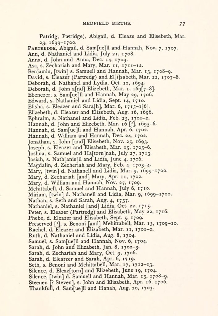 Vital records of Medfield, Massachusetts, to the year 1850, p. 77.