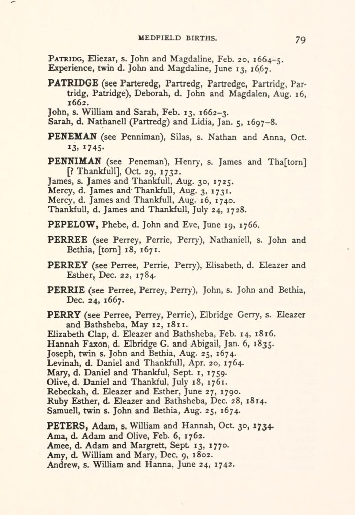 Vital records of Medfield, Massachusetts, to the year 1850, p. 79.
